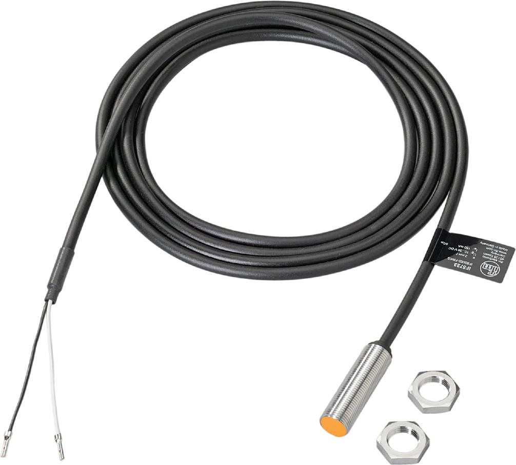 Un capteur de proximité cylindrique avec un long câble et deux écrous, adapté aux applications industrielles pour la détection d'objets.