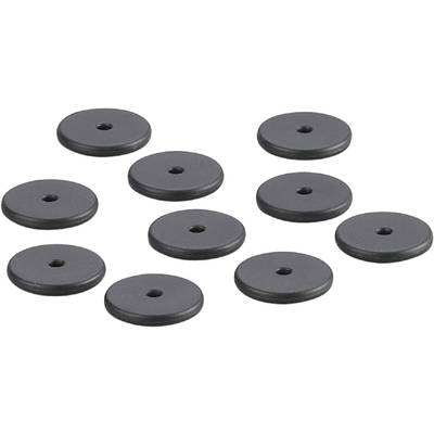 Poids métalliques ronds, répartis uniformément sur une surface blanche. Chaque poids possède un trou en son centre.