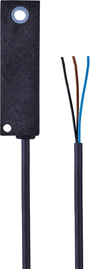 Un capteur noir rectangulaire avec trois câbles visibles de différentes couleurs : marron, bleu et noir.