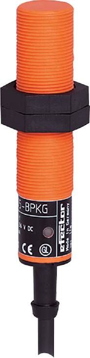 Gros plan d'un capteur cylindrique orange portant l'inscription 'BP-R045-BPKG' sur un fond noir.