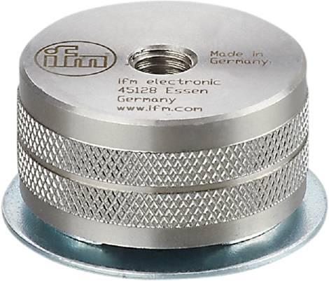 'Composant métallique cylindrique avec logo et coordonnées de ifm electronic, produit en Allemagne, Essen.'