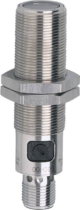 Capteur métallique cylindrique avec filetage et écrous hexagonaux, probablement destiné à des applications industrielles ou à la construction mécanique.