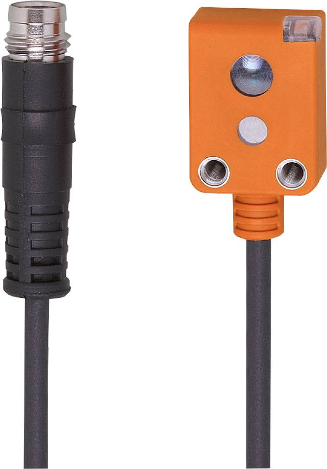 Un capteur orange avec connexion de câble. Un câble noir est visible à gauche, branché dans le capteur.
