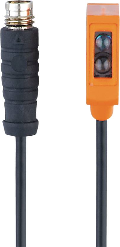 Un composant électronique noir et orange avec des câbles, probablement un capteur, sur un fond blanc.