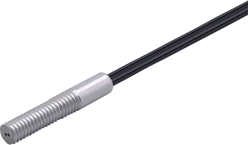 Un câble noir et fin avec un raccord fileté argenté à son extrémité, adapté pour les connexions électriques.