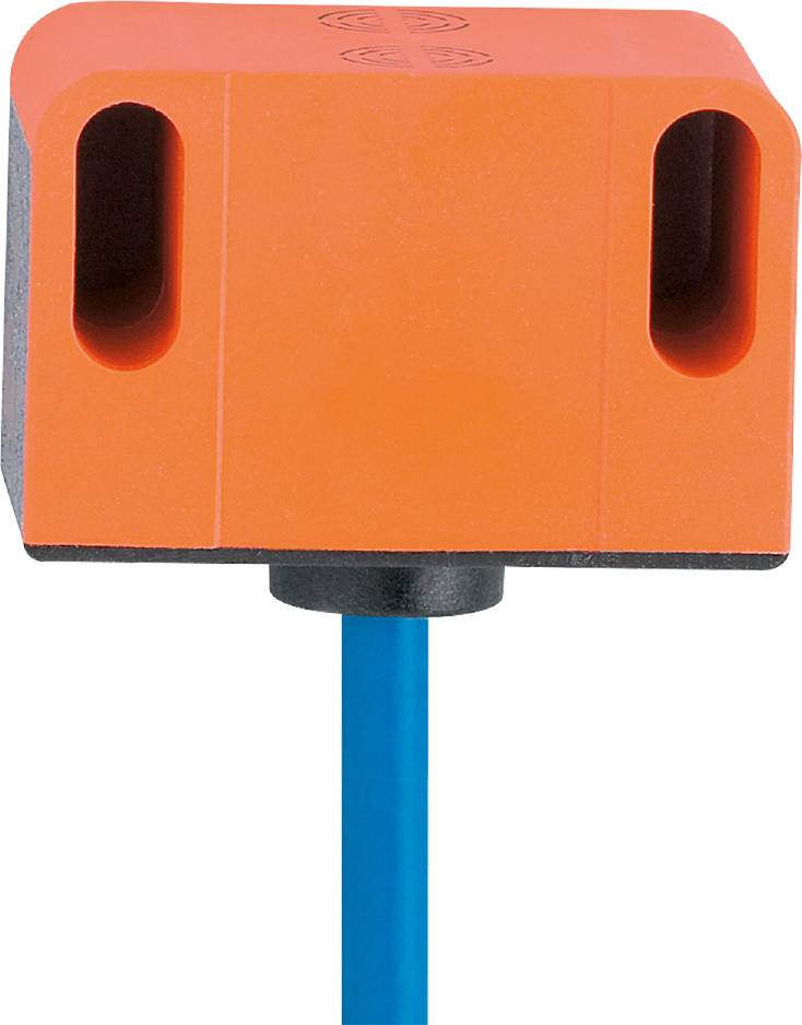 Un boîtier en plastique orange avec deux découpes ovales sur les côtés, monté sur une tige en plastique bleu.