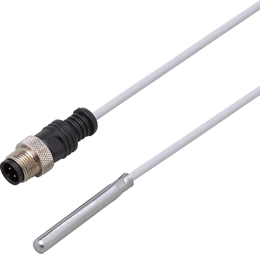 Un capteur de température doté d'un connecteur M8 d'un côté et d'une sonde métallique de l'autre, reliés par un câble blanc.
