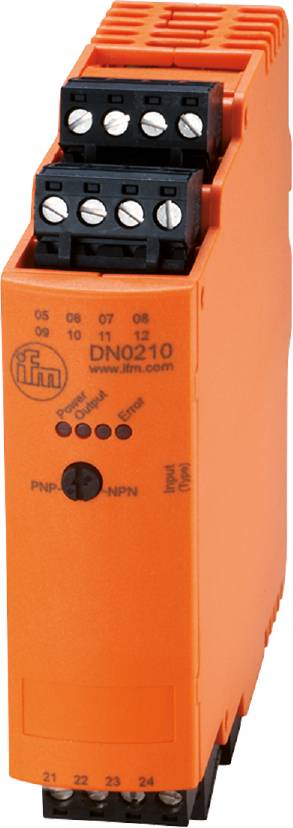 Boîtier de commande électronique orange portant les inscriptions « DN0210 », « Power Out » et « Error ». Commutateur pour « PNP » et « NPN » présent.