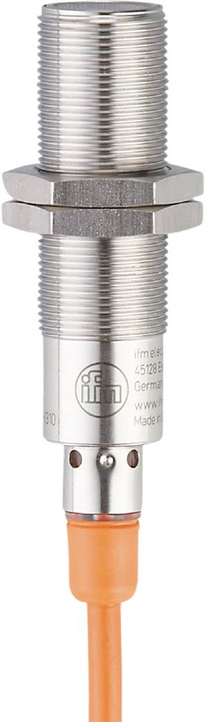 Capteur cylindrique avec boîtier métallique, logo gravé et texte 'ifm electronic'. Utilisé pour l'automatisation industrielle.