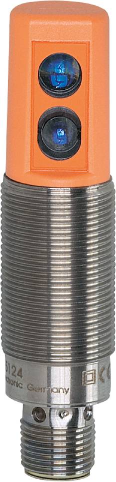 Capteur métallique, forme cylindrique, avec une extrémité orange. Adapté pour la détection d'objets métalliques dans des applications industrielles.