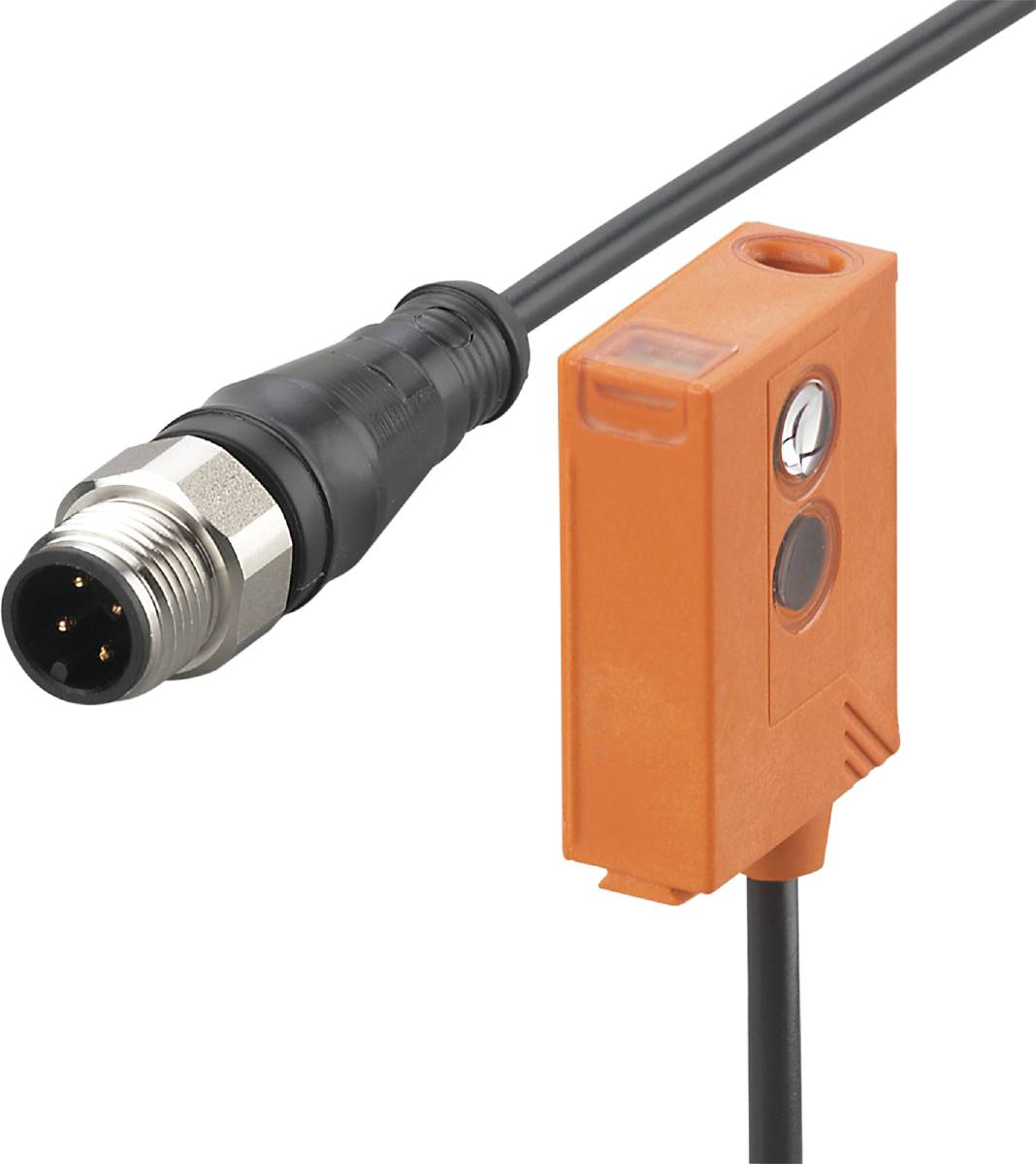 Un capteur orange avec un câble noir et une prise noire avec un verrou métallique. Dispositif technique pour la connexion.