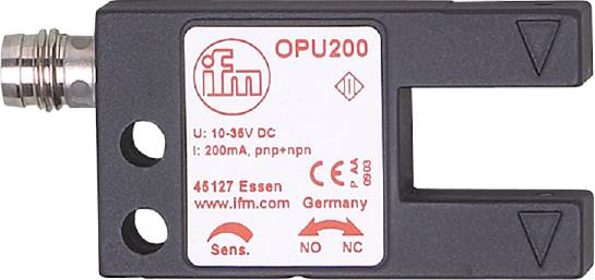 Un appareil électronique portant l'inscription 'OPU200' de ifm. Des spécifications techniques et des informations du fabricant sont représentées.