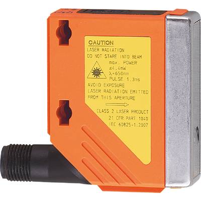 Boîtier orange pour laser, avec autocollant d'avertissement jaune décrivant la 'Radiation Laser' et les précautions de sécurité.