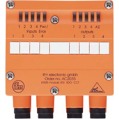 Un module orange de ifm electronic gmbh avec numérotation des connexions et l'étiquetage 'Entrées/Erreur' et 'Sorties'.