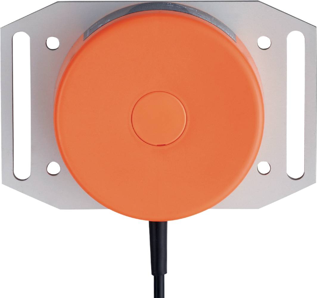 Un capteur rond orange est fixé sur un support rectangulaire en métal avec deux trous de fixation. Un câble descend vers le bas.