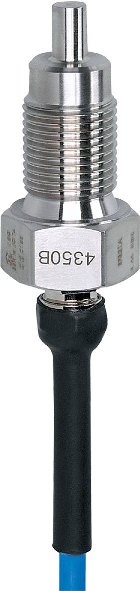 Un composant chromé portant l'inscription '4350B', relié à un câble noir, montre un dispositif technique destiné à des applications électroniques.