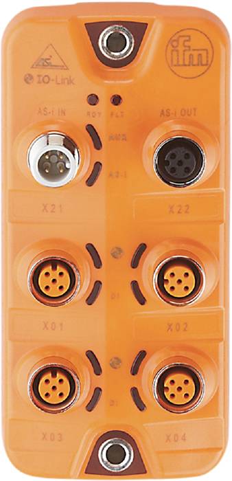 Module de connexion électrique avec quatre bornes circulaires, étiquetées X21, X22, X01 et X02, sur un fond orange.