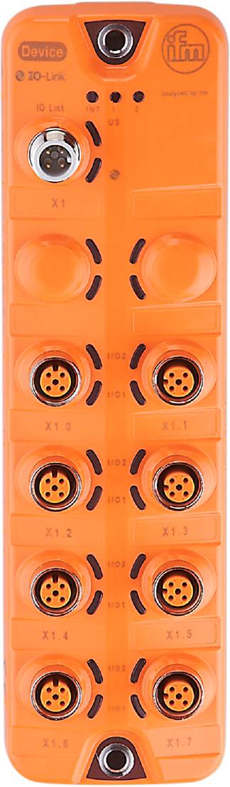 Prise orange avec quatre emplacements ronds. Chaque emplacement est étiqueté avec des numéros de série : « X1.0 », « X1.1 », « I/O1 », « I/O2 ».