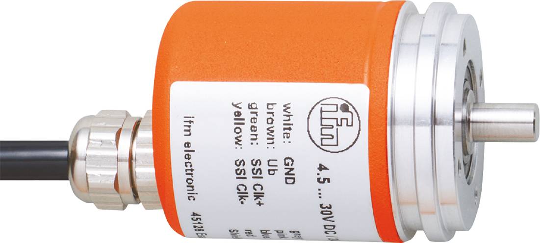 Un capteur orange avec des inscriptions blanches et des spécifications techniques, montrant des détails de connexion et un logo d'entreprise.