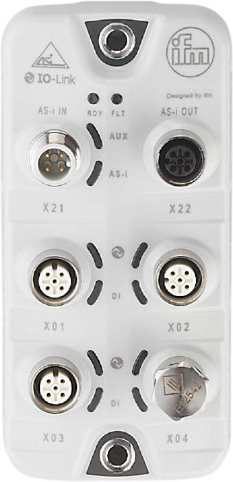 Module électronique avec quatre connecteurs (X21, X22, X01, X02) et étiquettes 'AUX', 'AS-I', 'DI'. Conçu pour des applications industrielles.
