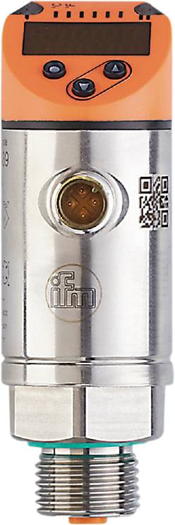 Un capteur métallique avec un logo et un code QR. Le capteur présente une extrémité de connexion ronde de couleur dorée.
