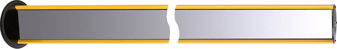 Surface grise avec deux bandes jaune et noir sur les bords supérieur et inférieur, séparées par une fissure verticale blanche et ondulante.