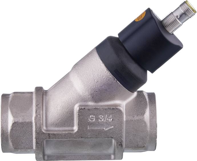 Armature métallique avec capteur, une flèche indiquant la direction du flux de gaz ou de liquide.