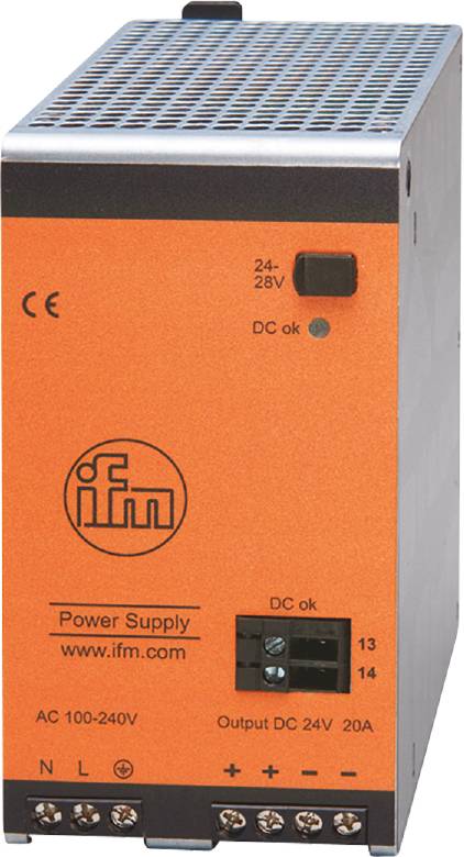 Un dispositif d'alimentation de couleur orange portant l'inscription 'ifm'. Plage de tension 24-28V, marqué 'Power Supply', indicateur d'état 'DC ok'.