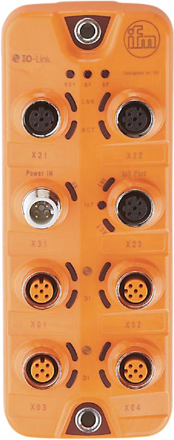 Un appareil orange avec plusieurs ports, dont 'Power IN', 'IoT Port', 'X21', 'X22', 'X23', 'X31'.