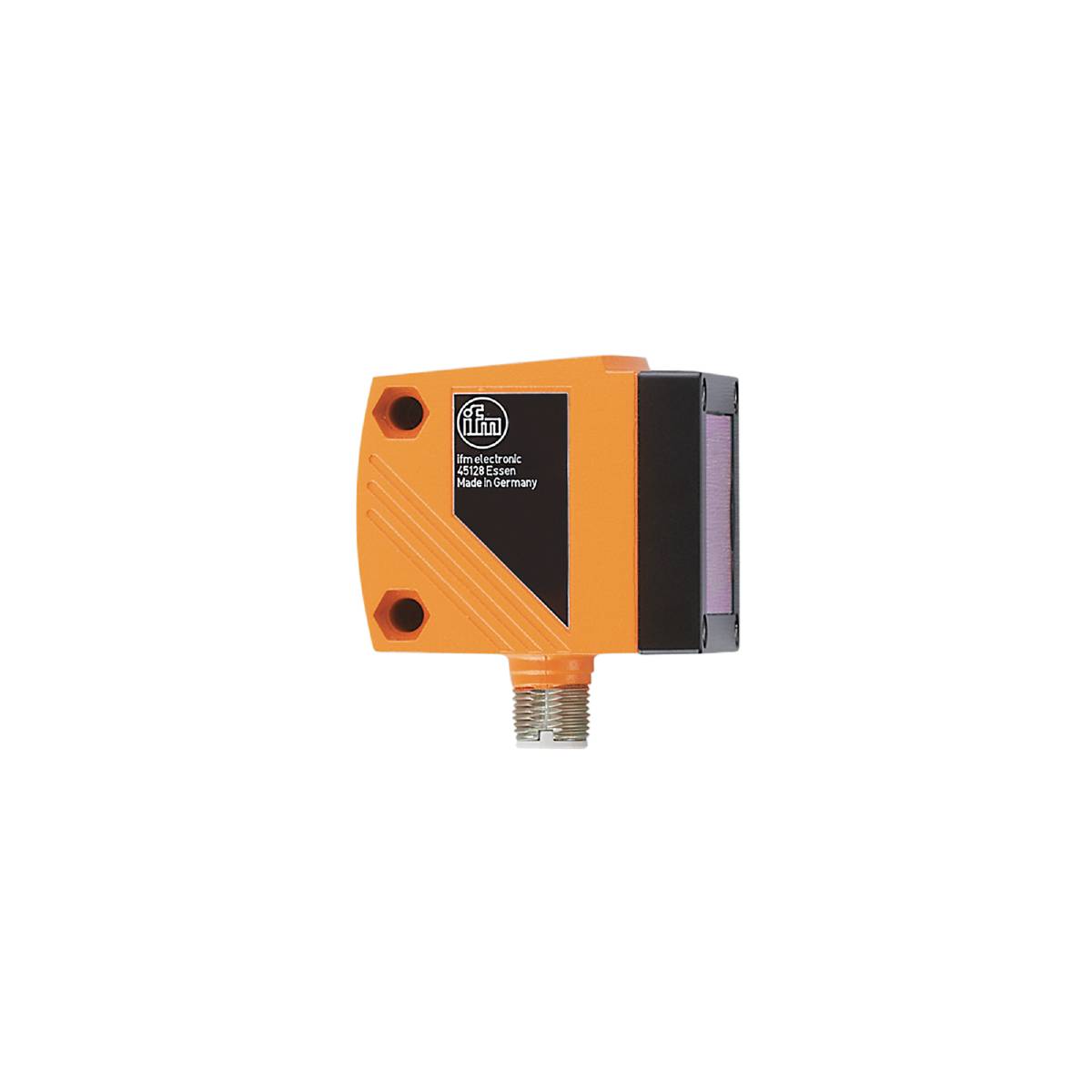 Un capteur rectangulaire orange et noir de la marque ifm electronic, doté d'un connecteur M12 en bas et d'une surface de réception de couleur lilas.