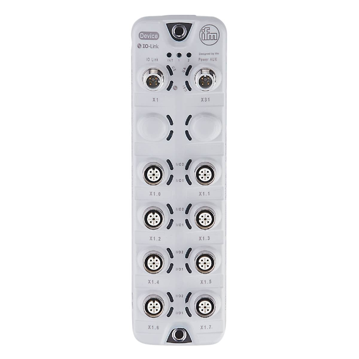 Un appareil électronique rectangulaire avec plusieurs connecteurs ronds et des inscriptions pour différentes connexions. Il s'agit probablement d'un répartiteur de signaux électroniques.