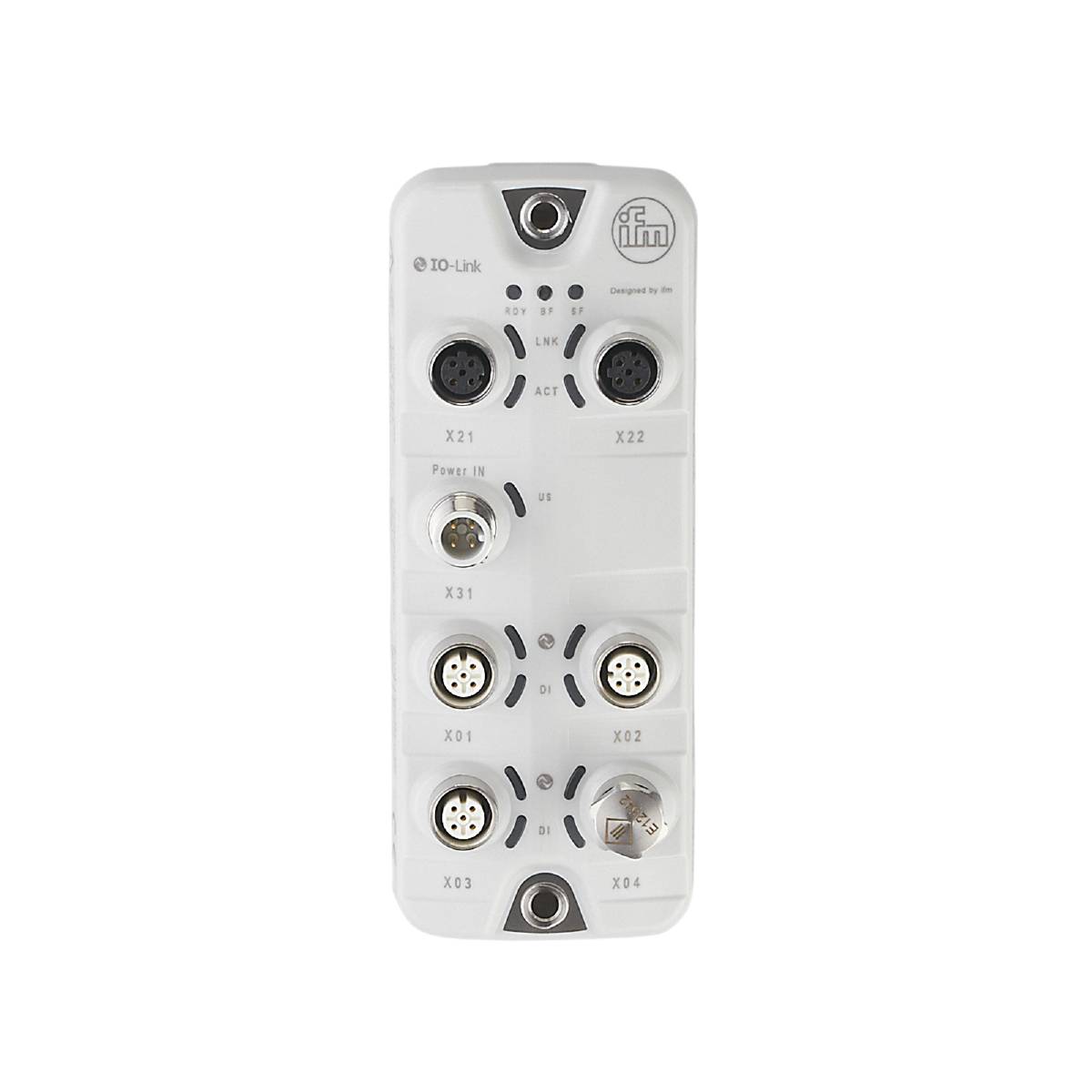 Un module électronique blanc avec plusieurs ports de connexion, boutons et étiquettes, probablement destiné à des applications industrielles.