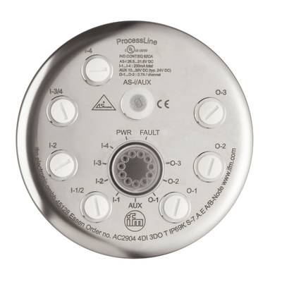 Couvercle d'appareil rond en argent avec plusieurs boutons rotatifs, annotations en anglais. Fonctions principales : « PWR », « FAULT », « AUX ».