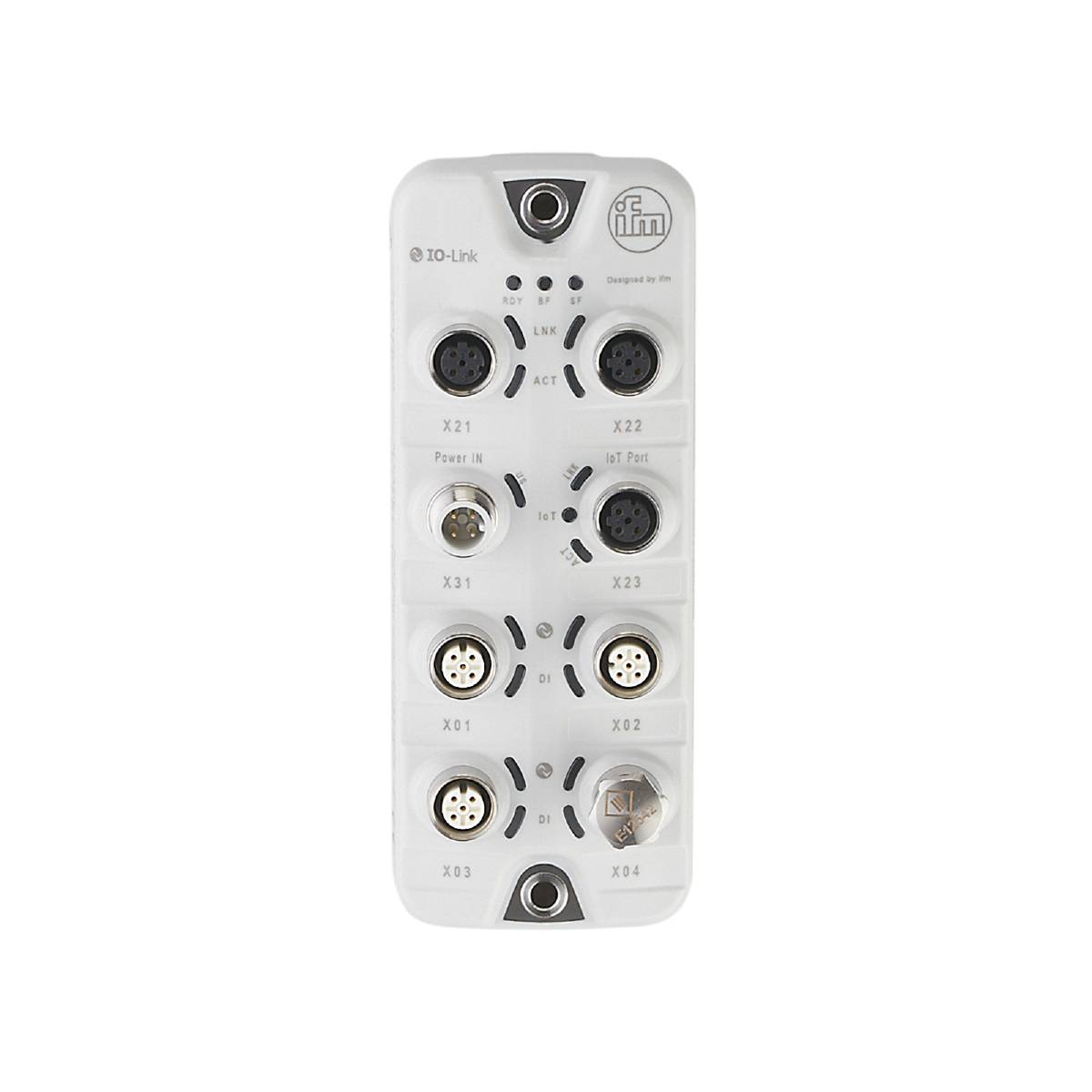 Un module IO-Link blanc avec des connexions noires et argentées, chacune numérotée de X21 à X24 et de X31 à X34.