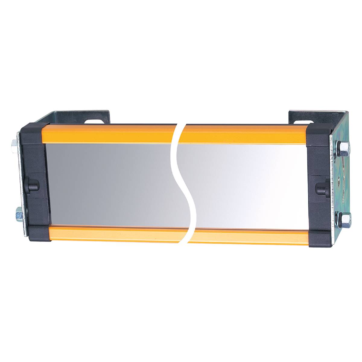 Un capteur rectangulaire aux côtés jaunes sur un fond noir, probablement un barrière immatérielle de sécurité pour applications industrielles.