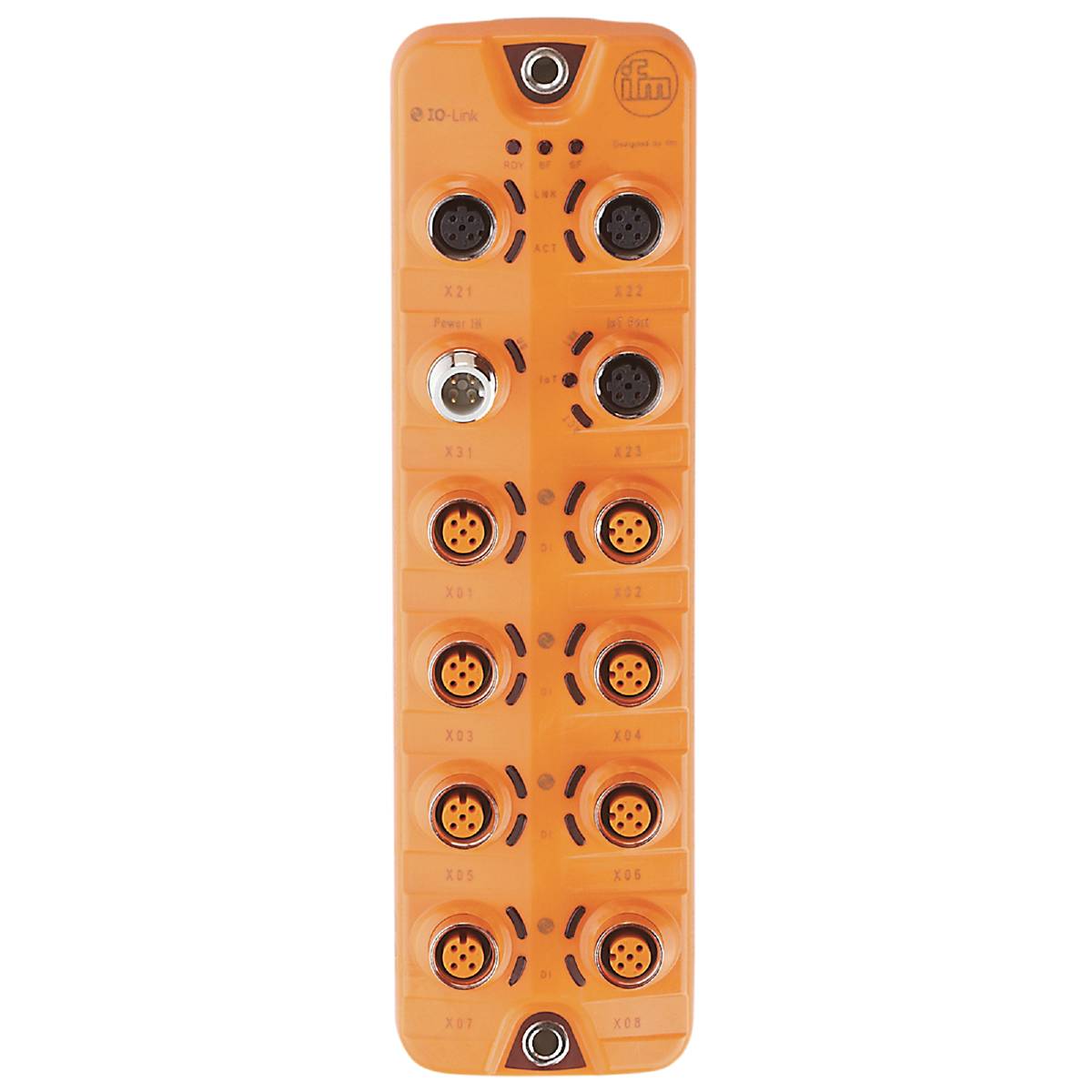 Une boîte de connexion orange en réseau avec plusieurs connexions rondes disposées en deux rangées verticales, adaptée aux applications industrielles.