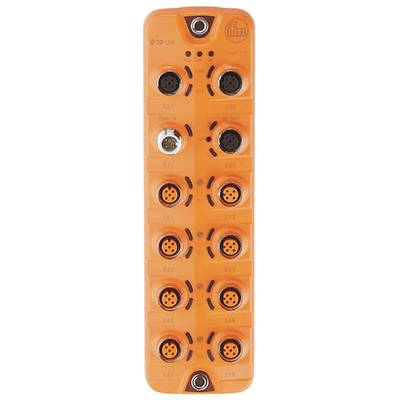 Un module d'E/S rectangulaire orange avec plusieurs connexions rondes, utilisé pour l'automatisation industrielle et l'intégration de capteurs.