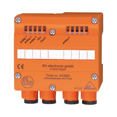 Un module orange avec quatre connexions, portant l'étiquette 'ifm electronic gmbh', modèle 'AC2620', contenant plusieurs indicateurs de statut.