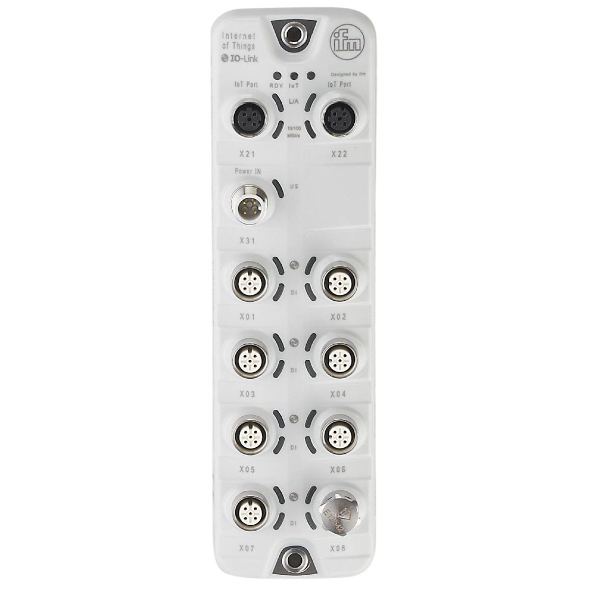Module de connexion industriel avec plusieurs connecteurs ronds, comprenant des connexions électriques et de données.