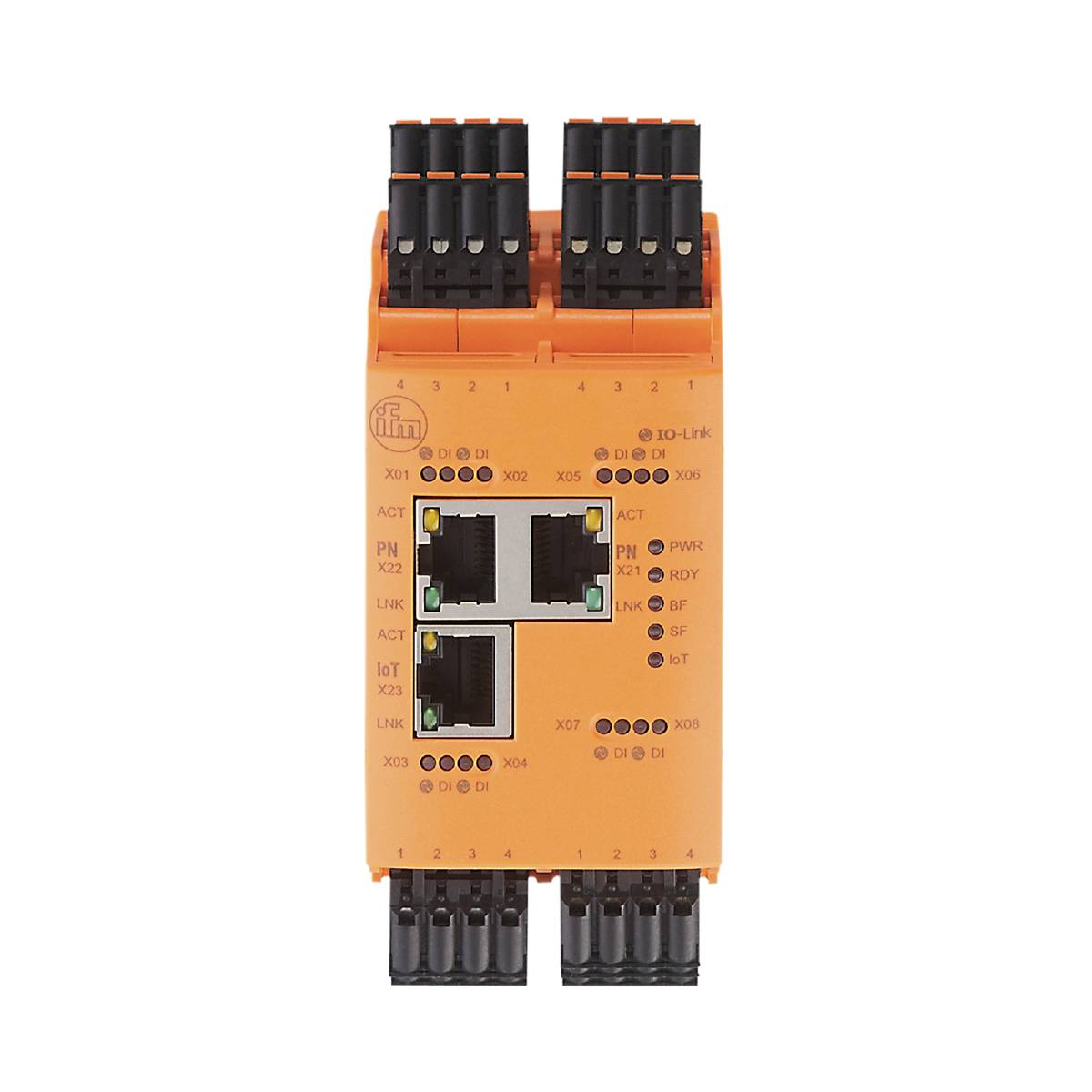 Un commutateur réseau orange avec plusieurs ports Ethernet et connexions IO-Link. Des voyants LED indiquent le statut et l'activité.