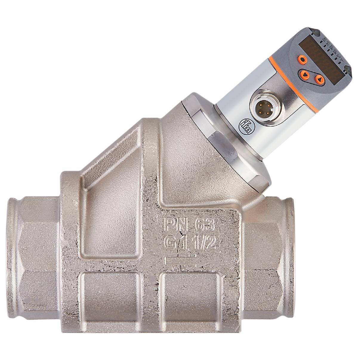 Une valve en argent avec un capteur numérique sur fond noir. Sur la valve sont inscrites les mentions 'PN 63' et 'G 1/2'.