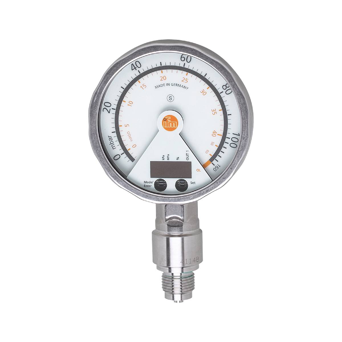 'Manomètre analogique avec affichage numérique, indiquant une valeur de 60 PSI. Fabriqué en Allemagne.'