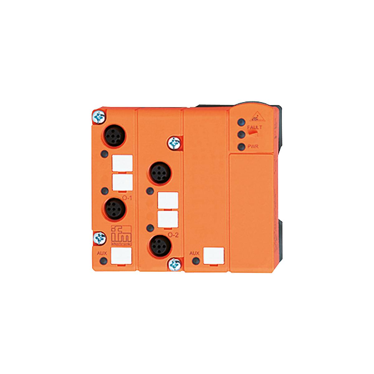 Appareil électrique orange avec trois connexions rondes et plusieurs boutons sur un fond noir.