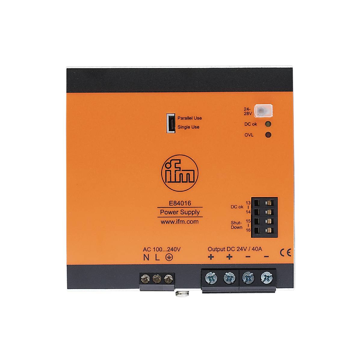 Un bloc d'alimentation orange de ifm, modèle E84016, plage d'entrée AC 100-240V et sortie DC 24V/4A.