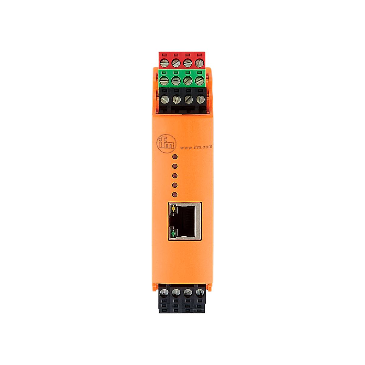 Un composant industriel orange avec un port Ethernet et plusieurs connexions de câbles, probablement partie d'un système de contrôle.