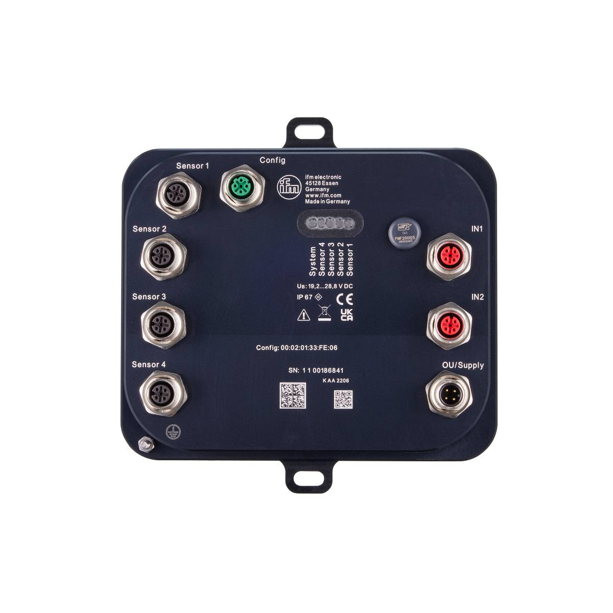 Un appareil électronique noir doté de plusieurs ports et capteurs, équipé pour la configuration et l'alimentation électrique.
