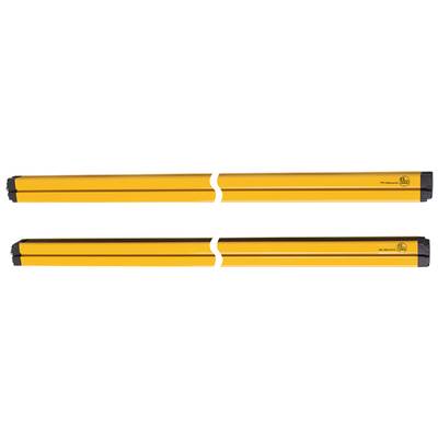 Deux barrières lumineuses de sécurité jaunes disposées en parallèle sur un fond noir. Elles servent à protéger les travailleurs sur machines.