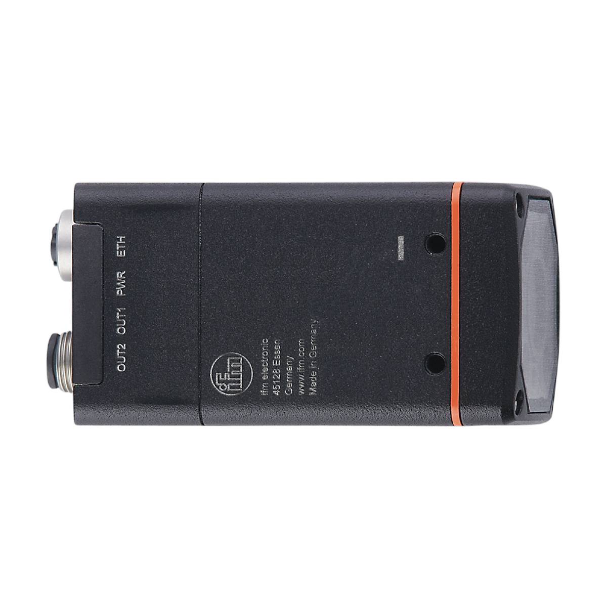 Un appareil électronique noir rectangulaire avec deux bornes métalliques sur un côté. Inscription : « OUT2, OUT1, PWR, ETH ».