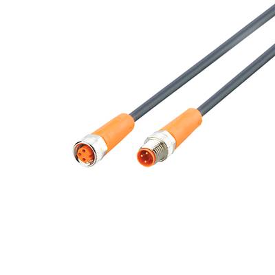Un câble orange avec deux connecteurs sur un fond noir. À gauche une fiche, à droite une prise.
