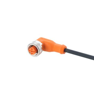Un câble d'angle orange avec connecteur métallique rond, adapté aux connexions industrielles ou aux capteurs.